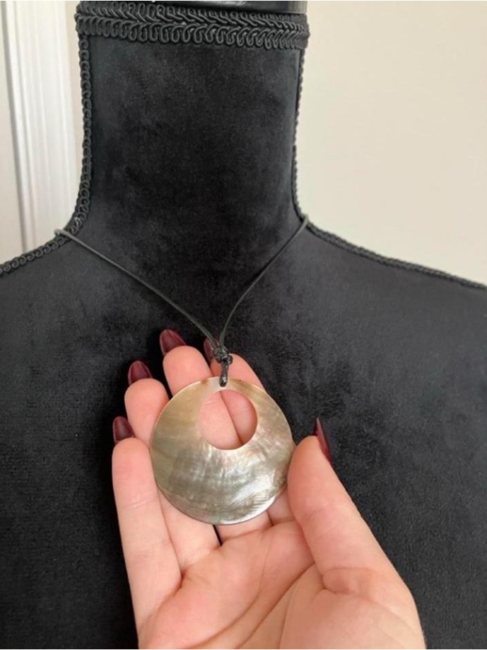Mother of Pearl Round Donut Pendant Necklace - Black Cord - Picture 3 of 3